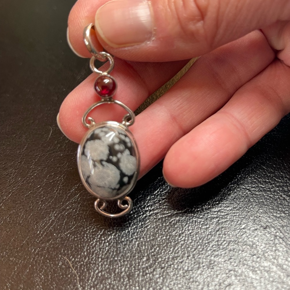 Ruby And Snowflake Obsidian Stone Pendant With St… - image 1
